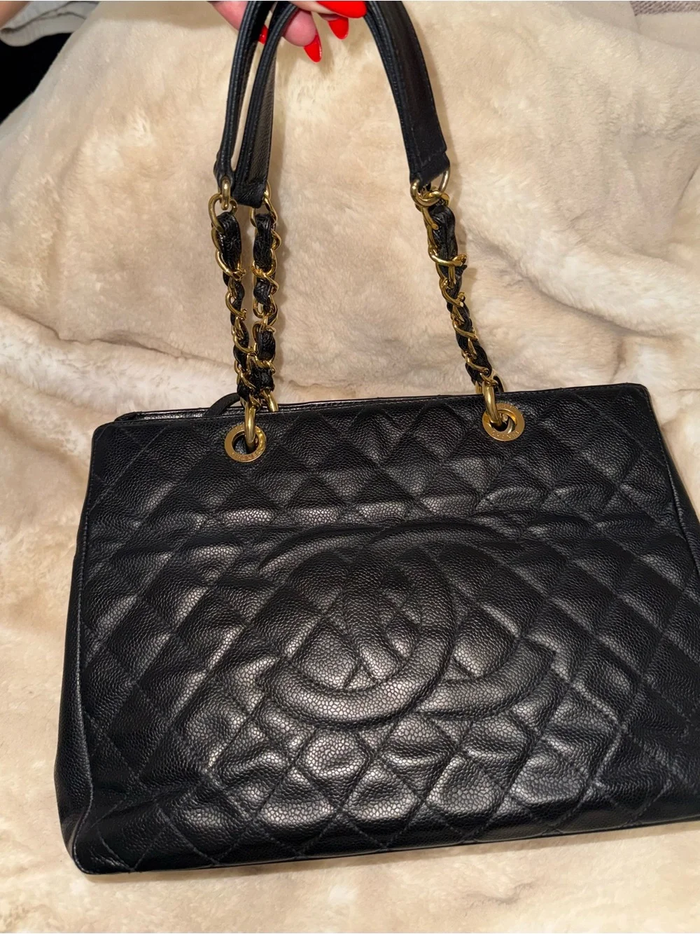 CHANEL Black caviar GST Leather Shoulder Tote Bag with Gold Chain Straps